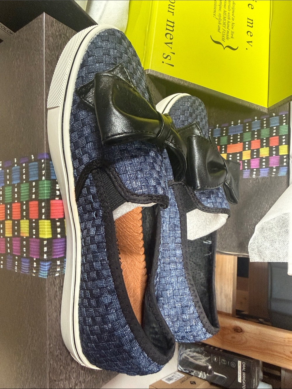bernie mev. Navy Woven Slip-On Flats with Black Bow Verona multiple sizes avail